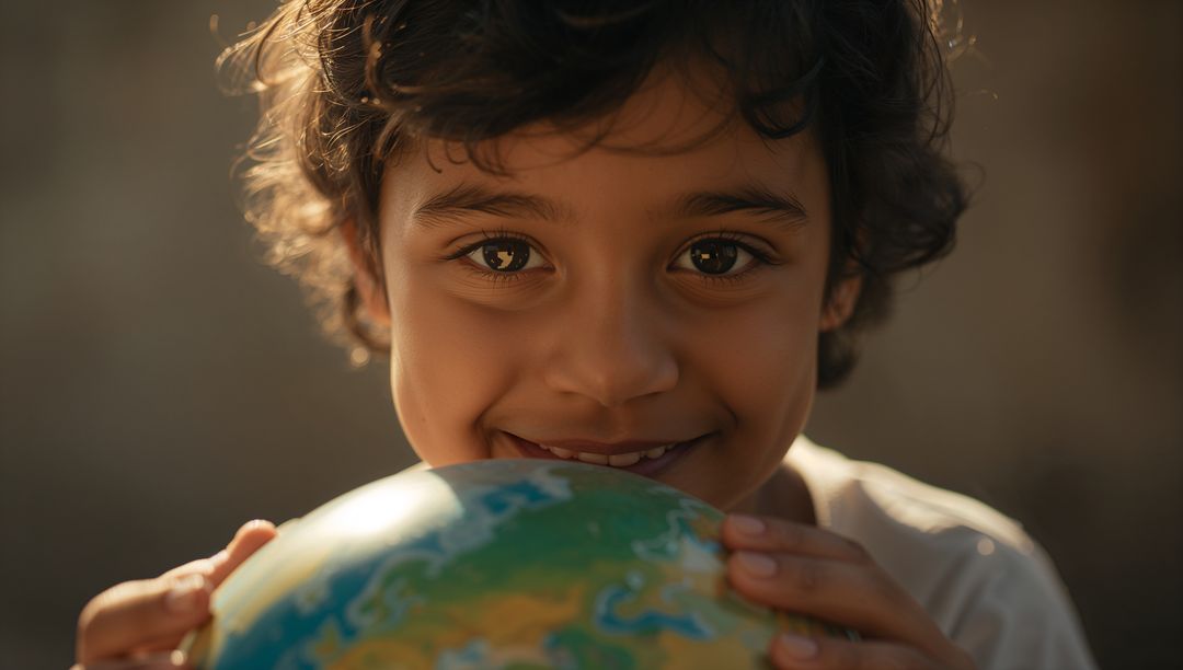 Curious Child Holding Globe Examining Continents