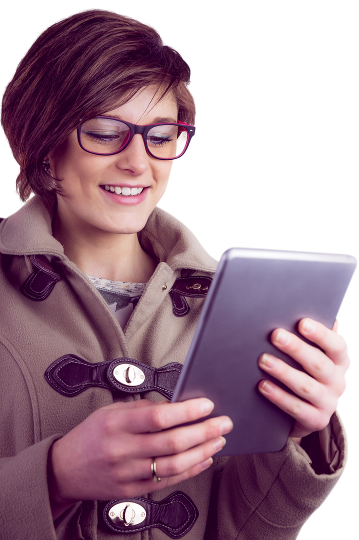 Smiling Woman with Glasses Using Digital Tablet Transparent Background - Download Free Stock Images Pikwizard.com