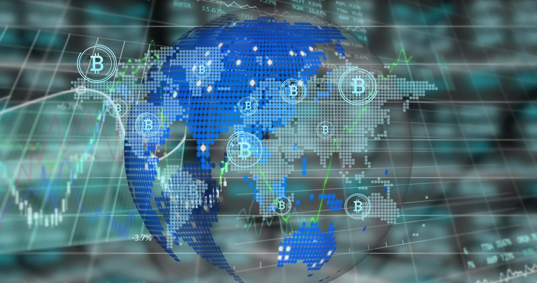 Digital World Map with Bitcoin Icons and Financial Data