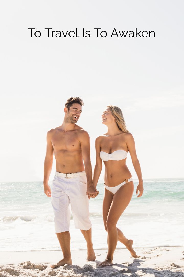 Joyful Couple Walking on Sunlit Beach Embracing Adventure