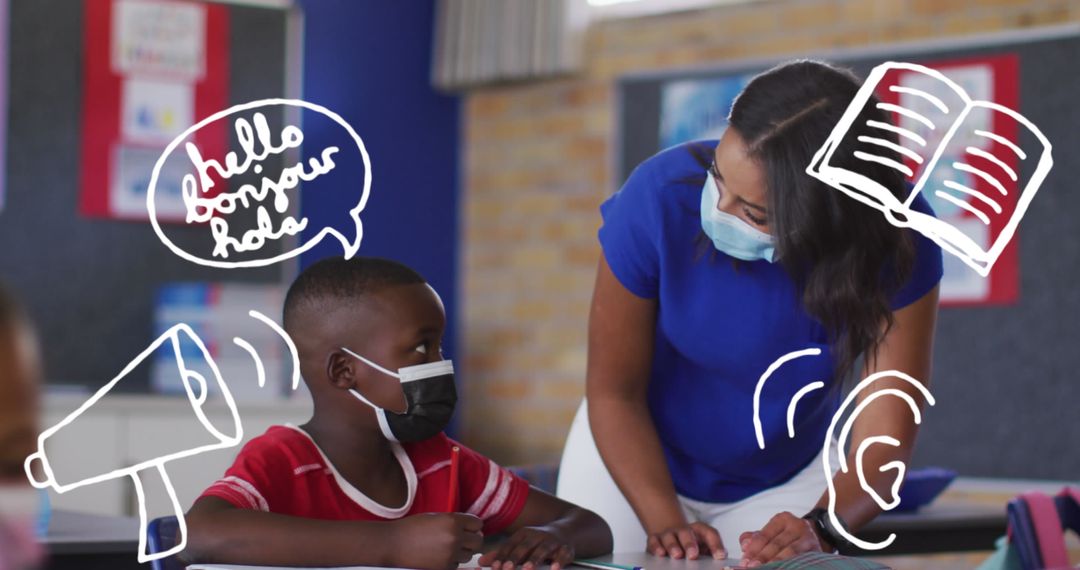 Teacher Guiding Student in Classroom with Digital Tools