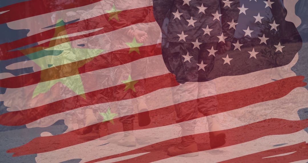 US and China Flags Overlay with Soldiers Symbolizing Cooperation