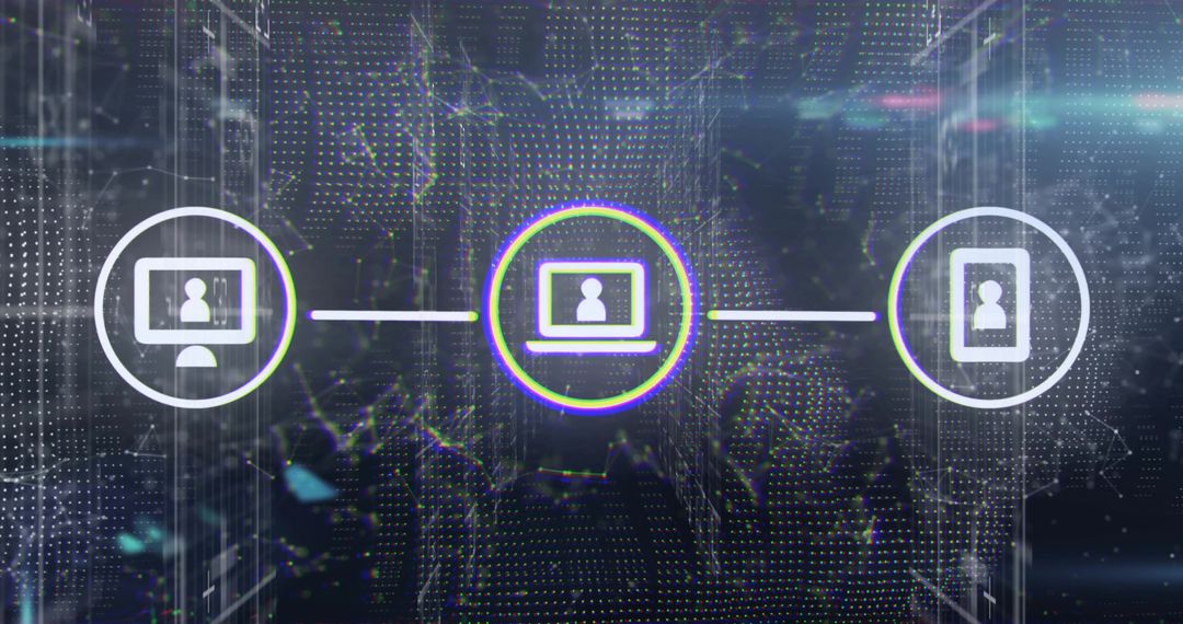 Neon connected devices network with laptop hub linking desktop and tablet on digital grid