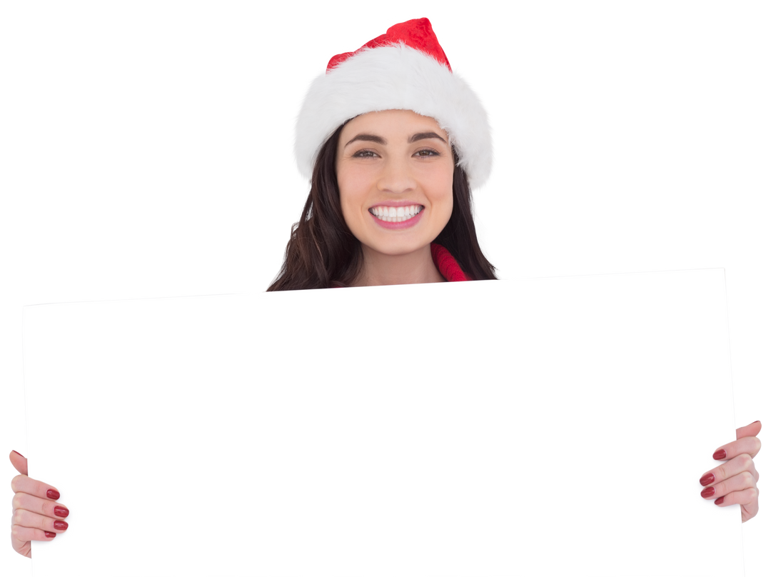 Smiling Brunette Woman in Santa Hat Showing Blank Transparent White Poster - Download Free Stock Images Pikwizard.com