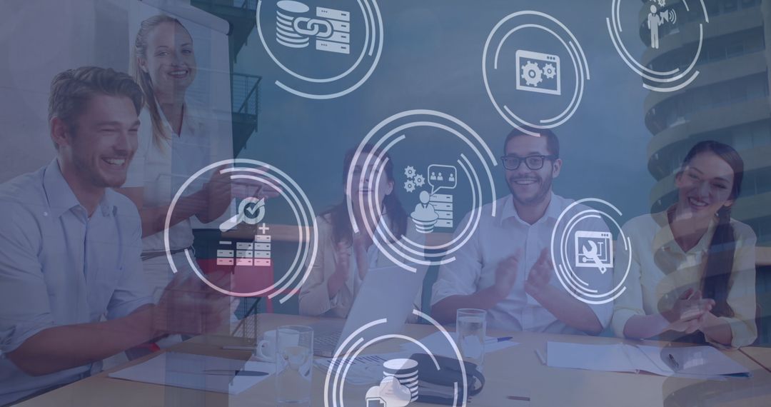 Tech Innovators in Modern Office with Transparent Icon Overlays