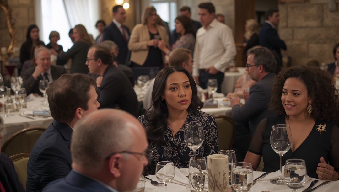 Asian woman listening at banquet networking dinner with candle centerpiece