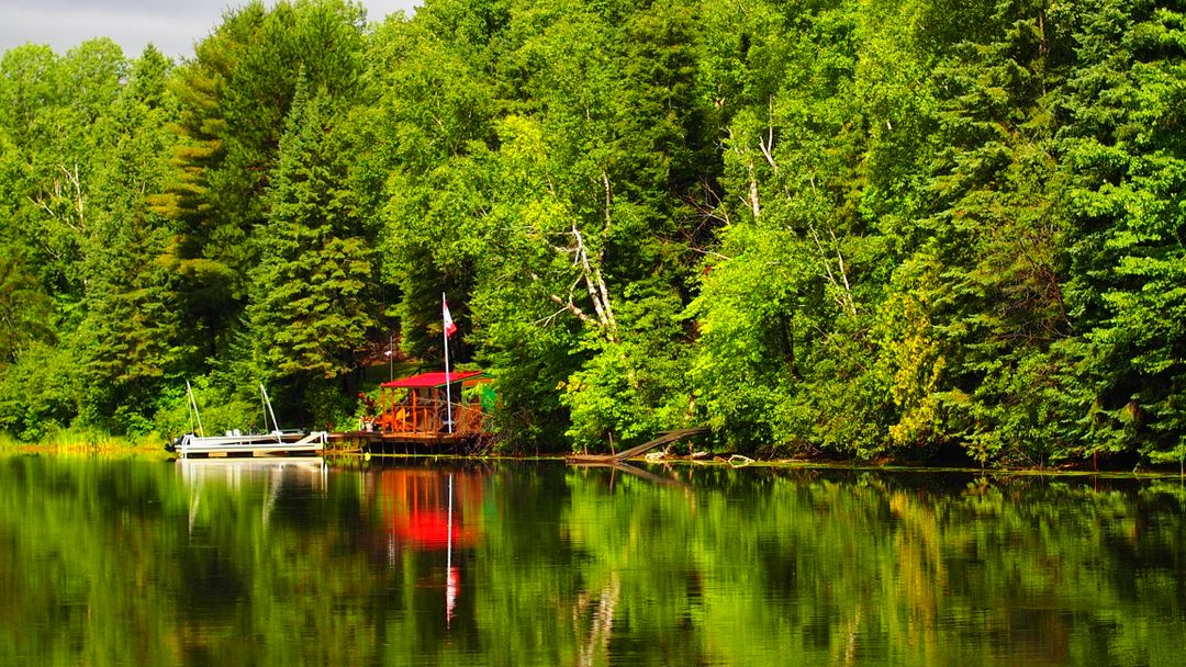 Peaceful Woodland Lake with Cabin and Boats - Free Images, Stock Photos and Pictures on Pikwizard.com