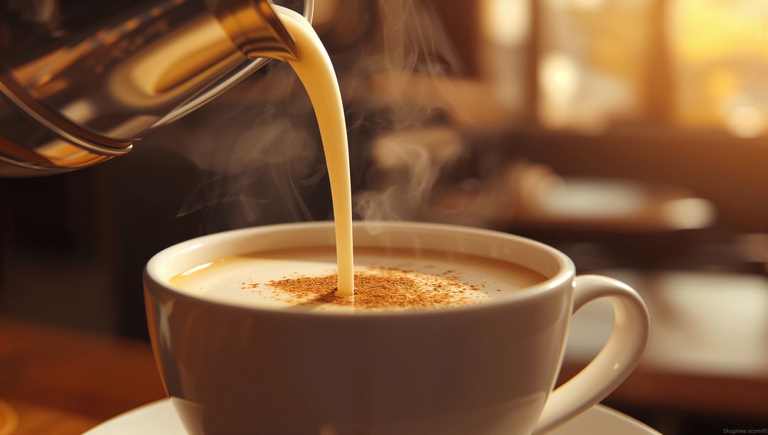 Pouring Latte with Cinnamon in Cozy Cafe Ambiance