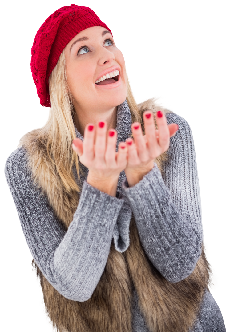 Excited Woman Looking Up in Winter Clothes with Red Hat Transparent - Download Free Stock Images Pikwizard.com