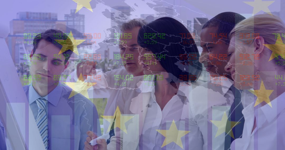 Business Team Analyzing Data Overlayed with Stock Market and EU Symbols