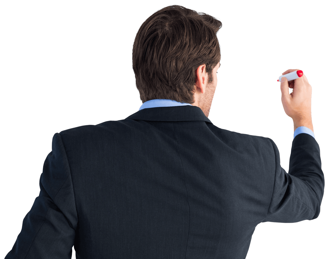 Transparent Businessman Writing on Glass in Formal Attire