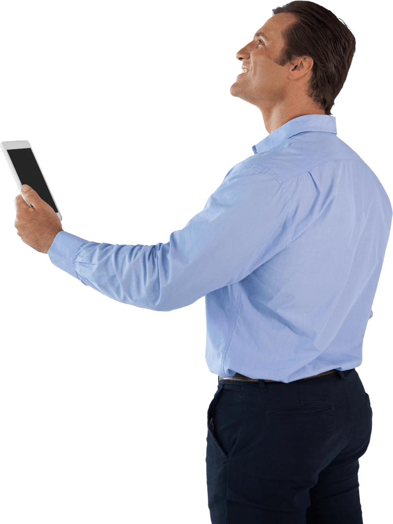 Side View Transparent Happy Businessman Holding Tablet