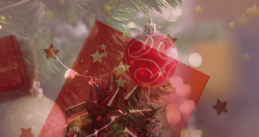 Elegant Red Christmas Bauble with Star Garland and Bokeh Effect