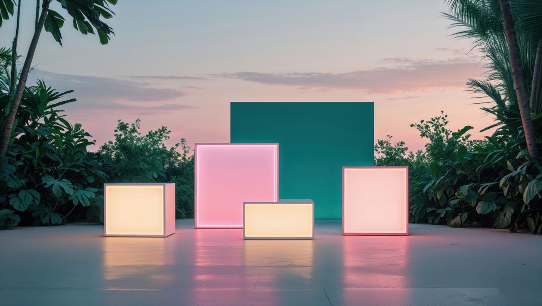 Illuminated Light Boxes on Tropical Terrace at Dusk