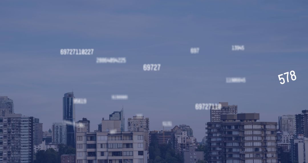 Digital Interfaces Concept Over Cityscape with Falling Numbers