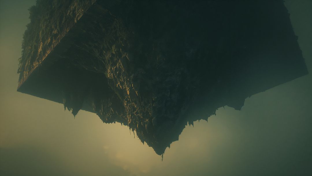 Inverted Mountain Floating Amidst Mystical Fog