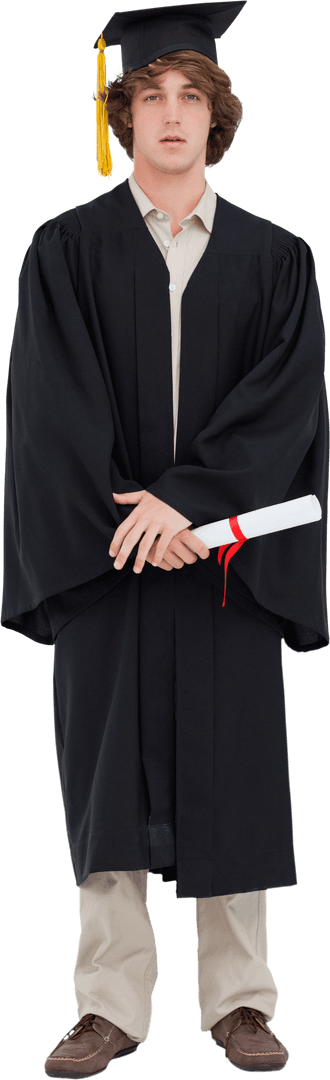 Transparent Young Graduate in Cap and Gown with Diploma
