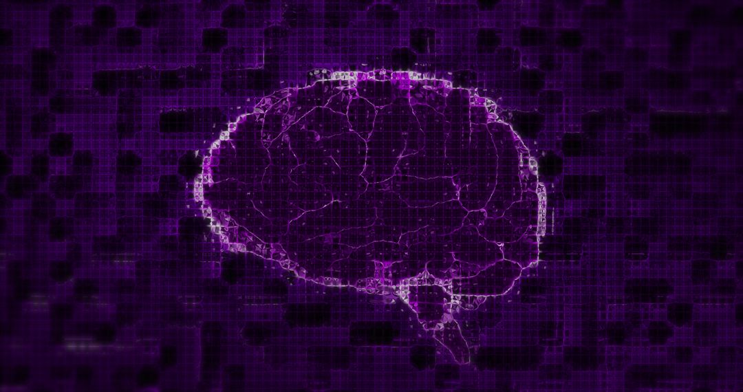 Digital Glowing 3D Brain Hologram with Purple Pixel Background