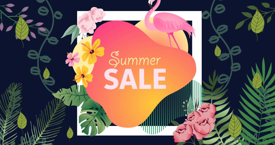 Vibrant Summer Sale Banner with Flamingo and Tropical Leaves