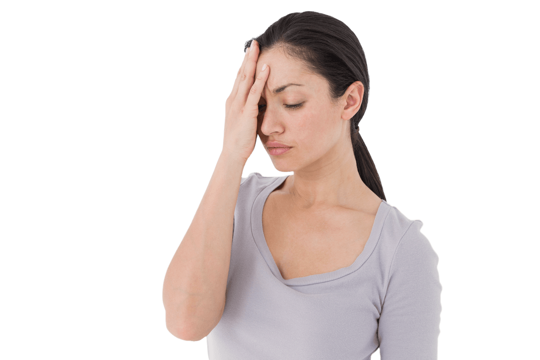 Stressed Woman Touching Forehead on Transparent Background