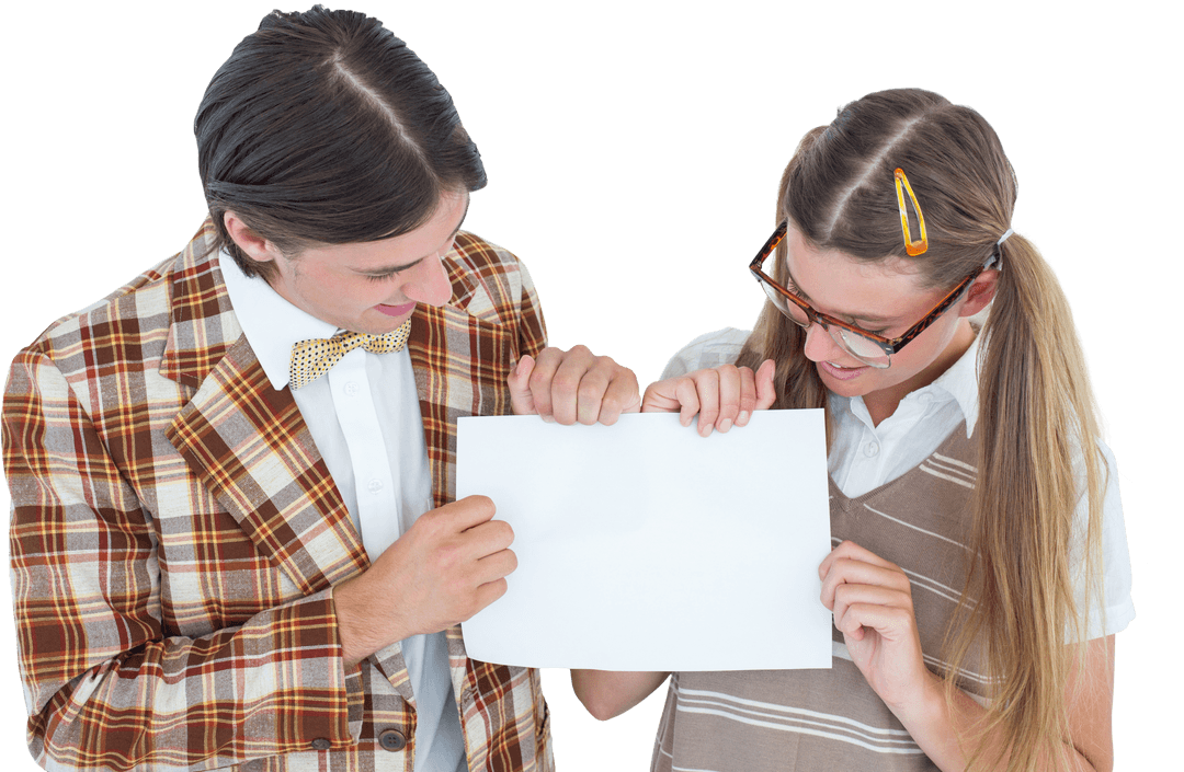 Smiling Retro Geeky Hipsters Holding Blank Transparent Poster