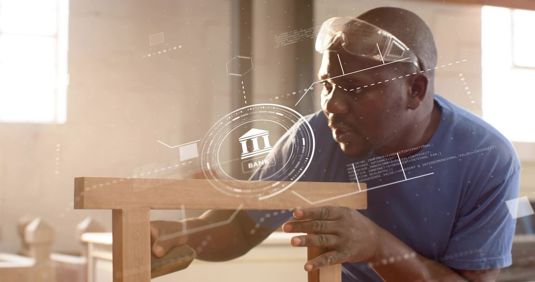 Mature Carpenter Sanding Wooden Stool in Workshop with Augmented Reality Banking Interface