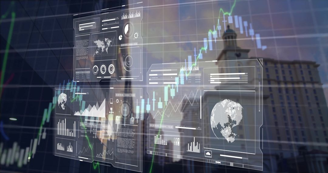 Digital Data Processing Over Cityscape Futuristic Finance Concept