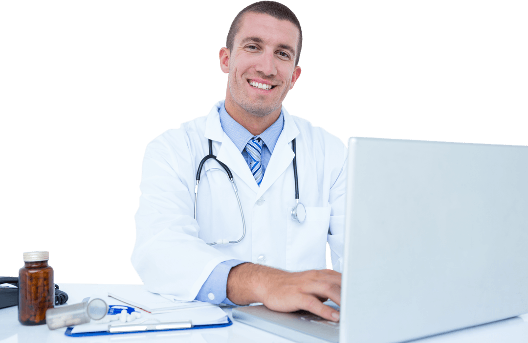 Transparent Smiling Doctor Typing on Laptop at Medical Desk