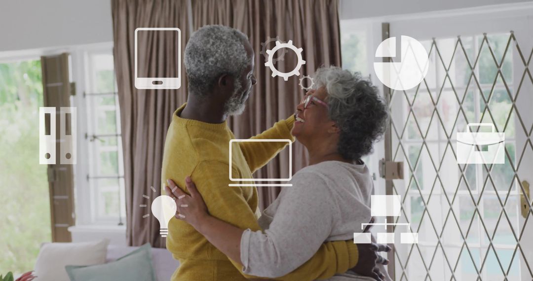 Senior Couple Dancing with Data Elements Around Home Interior