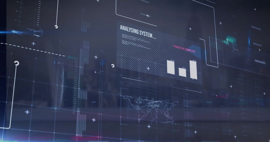 Futuristic Digital Interface with Global Data Analysis Graphics