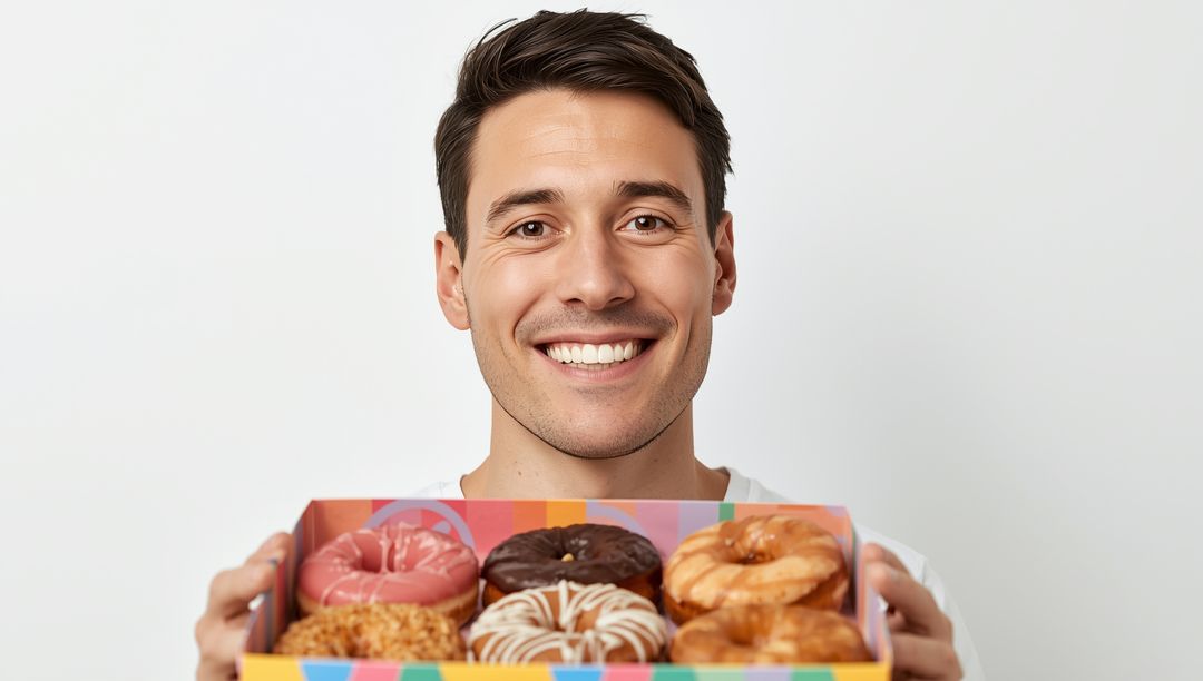 Man Enjoying Colorful Assortment of Donuts