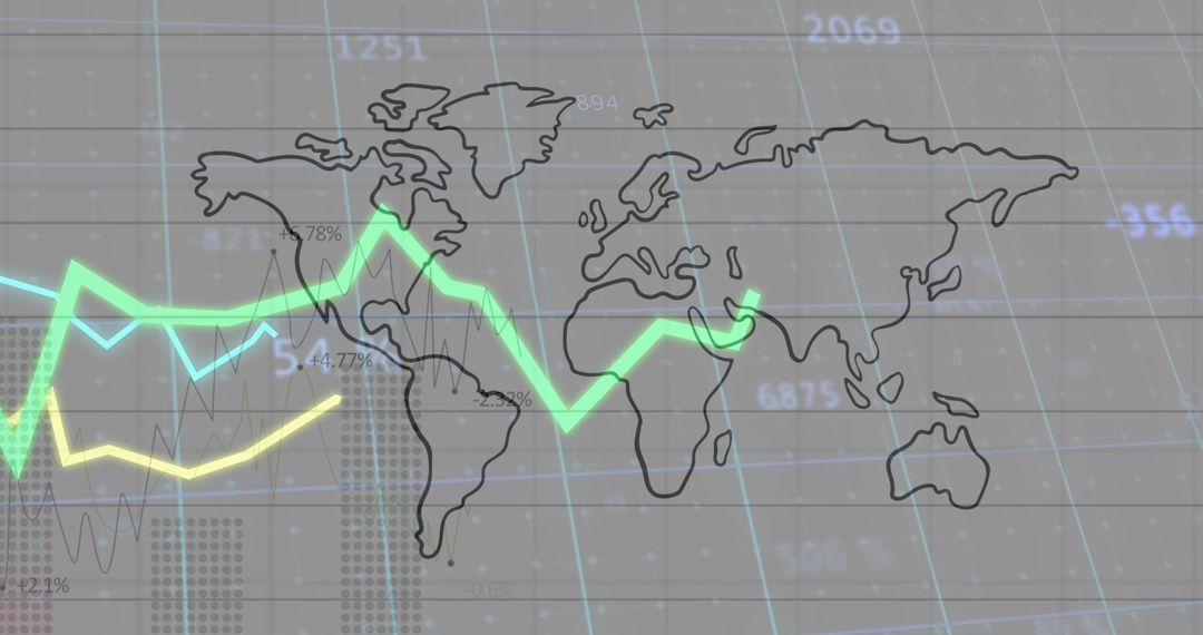 World Map with Falling Line Graphs Indicating Global Economic Decline