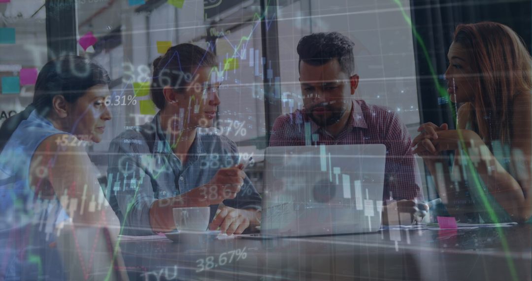 Multiracial Team Analyzing Stock Trends with Laptop