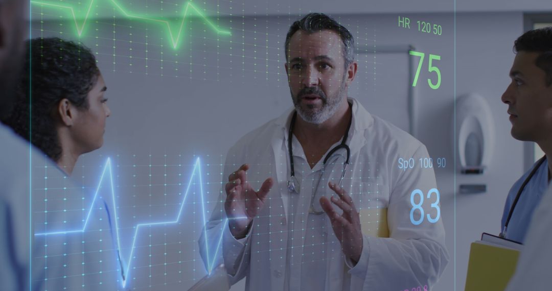 Advanced Healthcare Team Analyzing Heart Rate Data with Technology