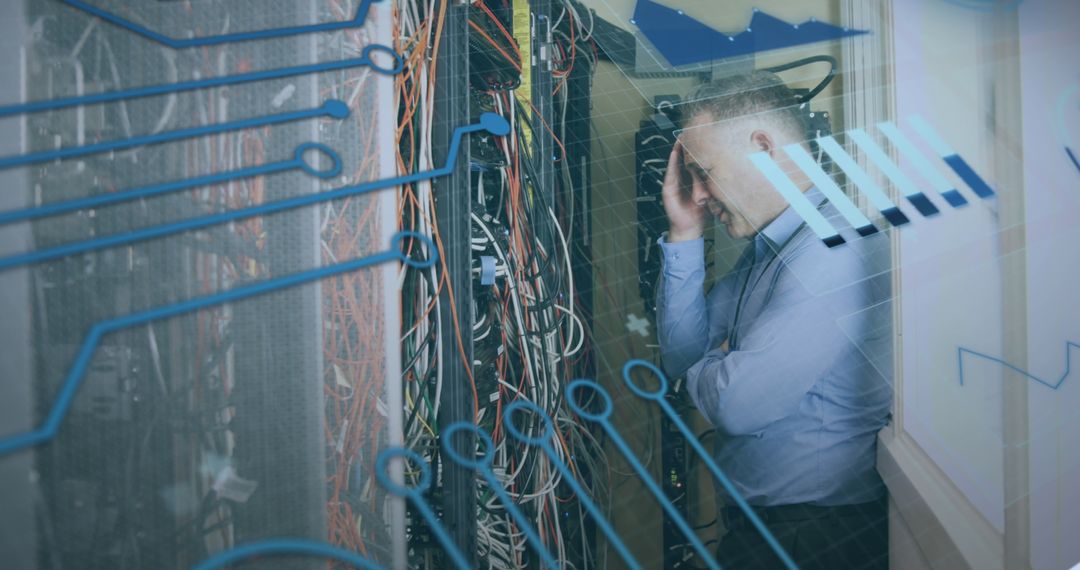 Stressed IT Professional Analyzing Data Servers with Digital Overlay