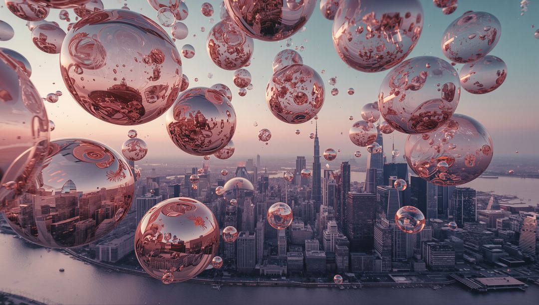 Floating Reflective Spheres Over Waterfront Skyline at Dusk