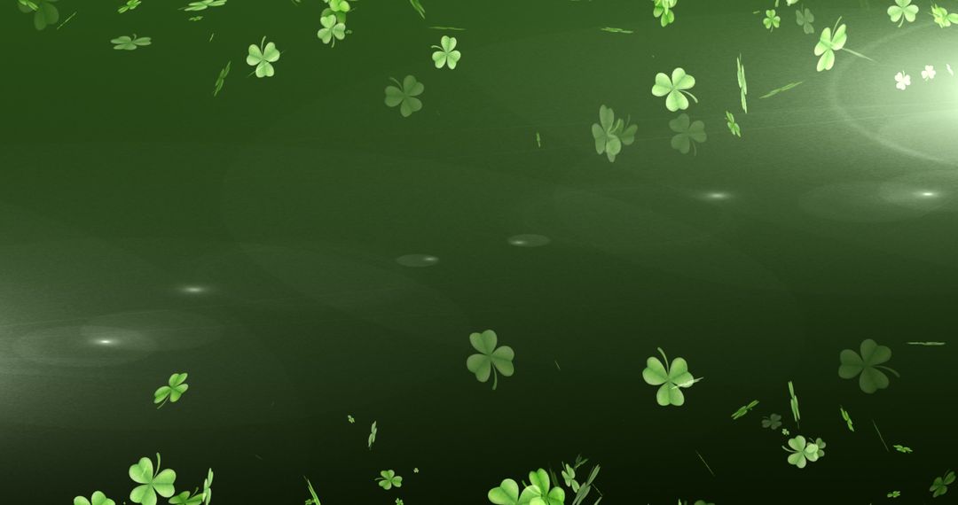 Floating Green Shamrocks with Shimmering Light on Soft Green Background