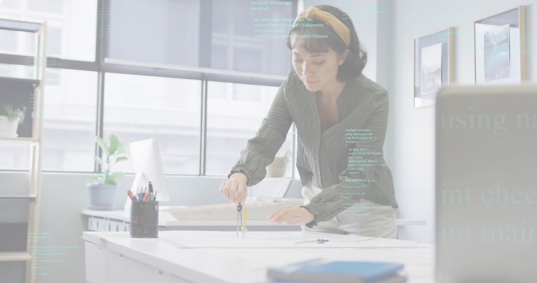 Architect Making Precise Measurements with Compass in Office