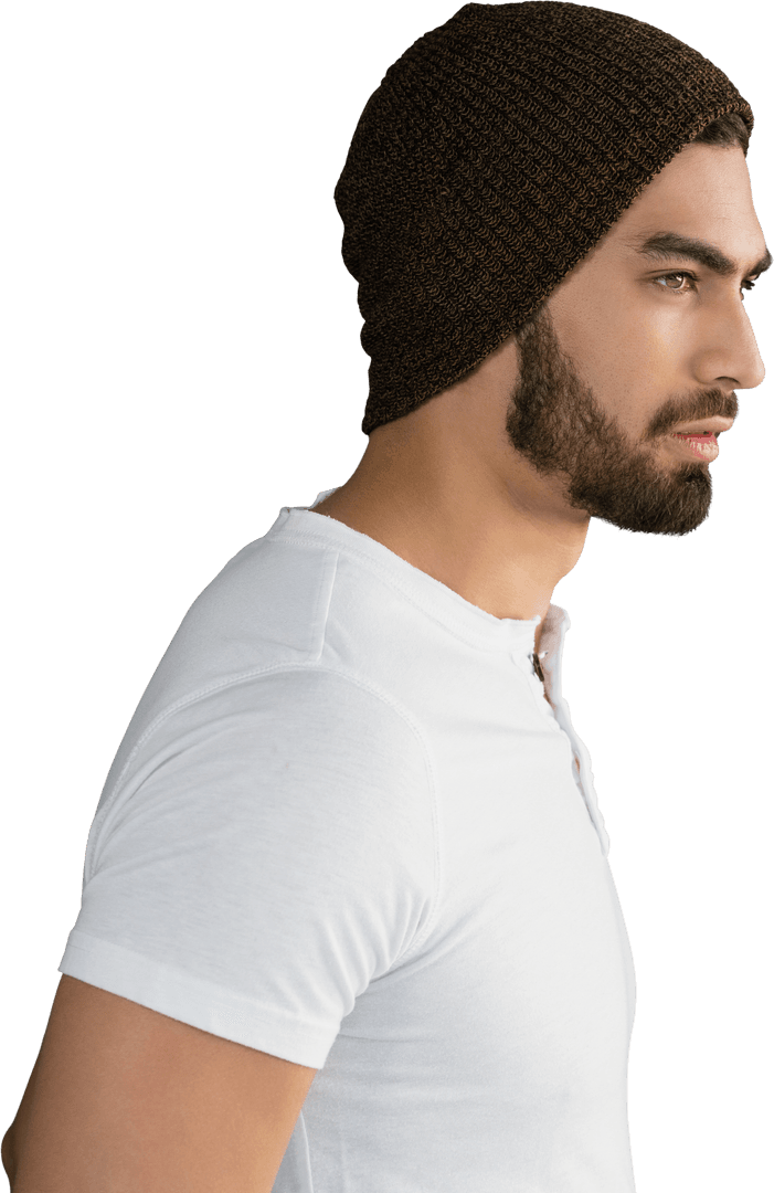 Profile of Bearded Man Wearing Beanie on Transparent Background
