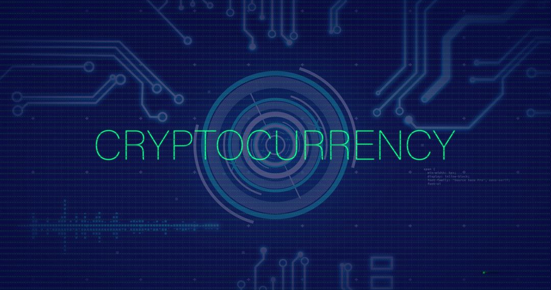 Cryptocurrency Text Floating on Digital Circuit Board Background