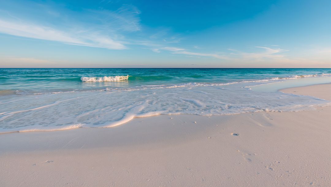 Turquoise Tide Washing Pale Sand Beach at Tranquil Horizon during Soft Light