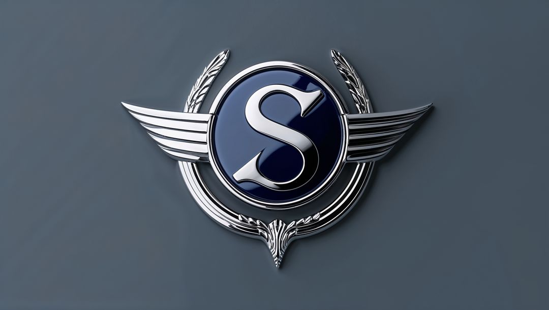Elegant Silver Emblem with Wings and Laurel Wreath on Blue