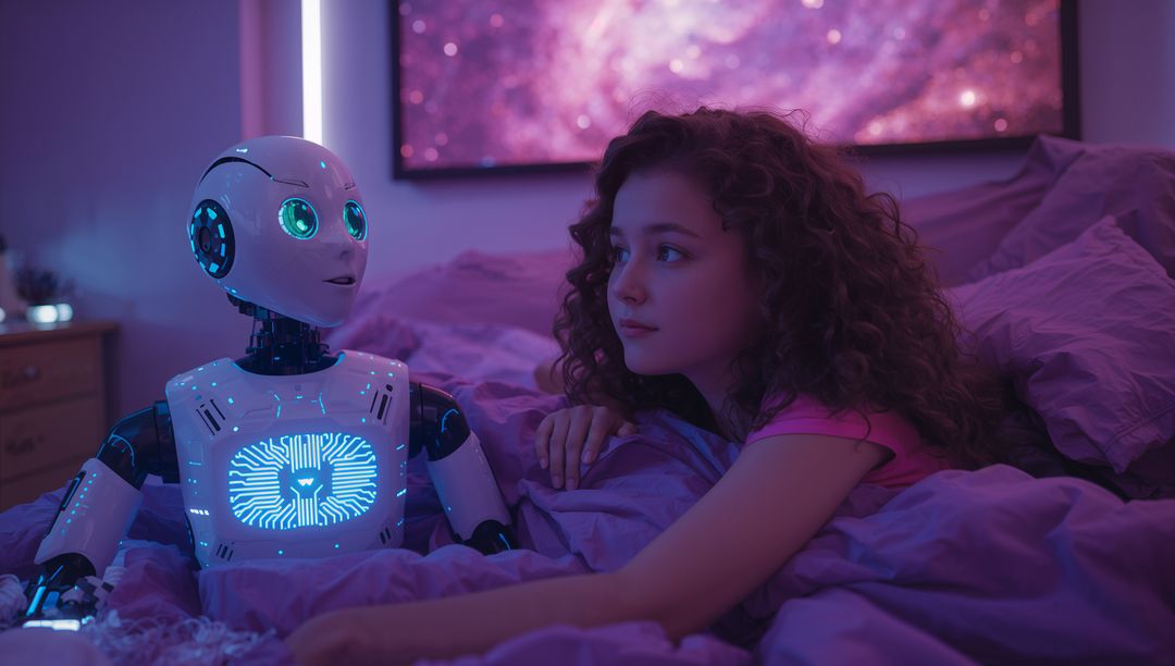 Girl and Humanoid Robot in a Cosmic Bedroom Setting