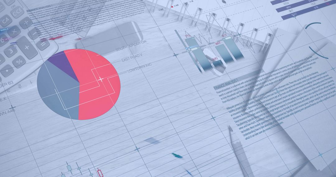 Overlapping Financial Documents with Stationery and Pie Chart
