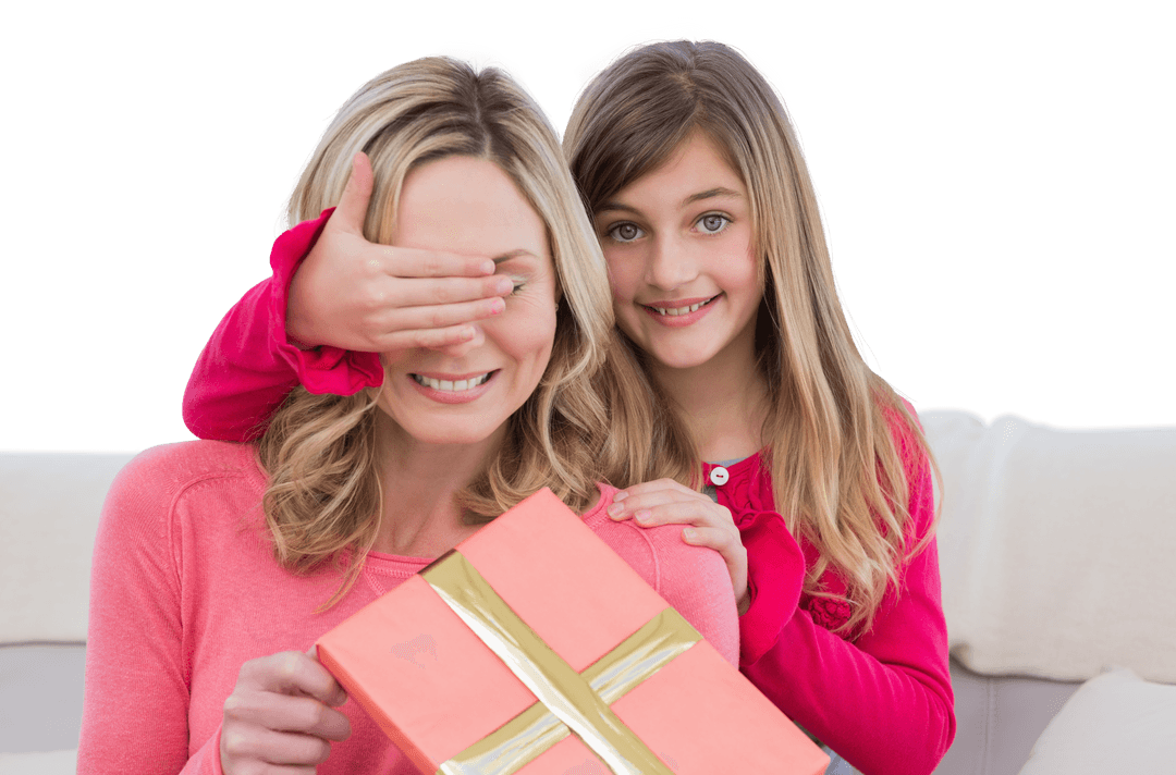 Surprised Mother with Gift from Daughter on Transparent Background