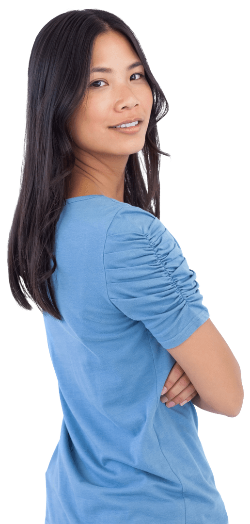 Transparent Confident Asian Woman Smiling Over Shoulder