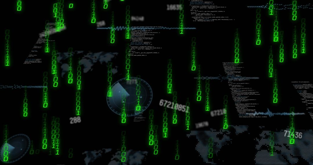 Streaming Green Binary Rain over Cyber Dashboard with World Map, Radar and Code Overlays