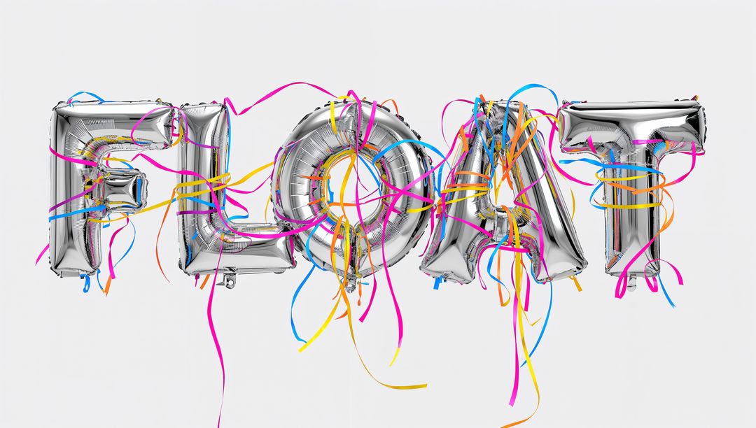 Shiny Silver Balloon Letters Spelling FLOAT Glinting Amid Colorful Streamers