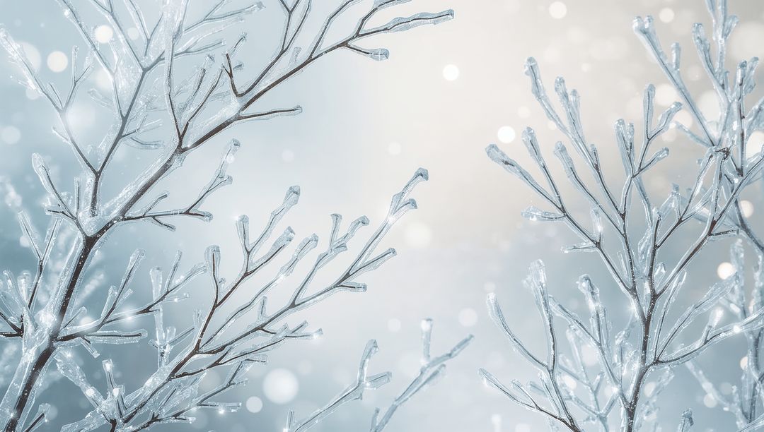 Glistening icy tree branches with clear ice and icicles, minimal winter bokeh background