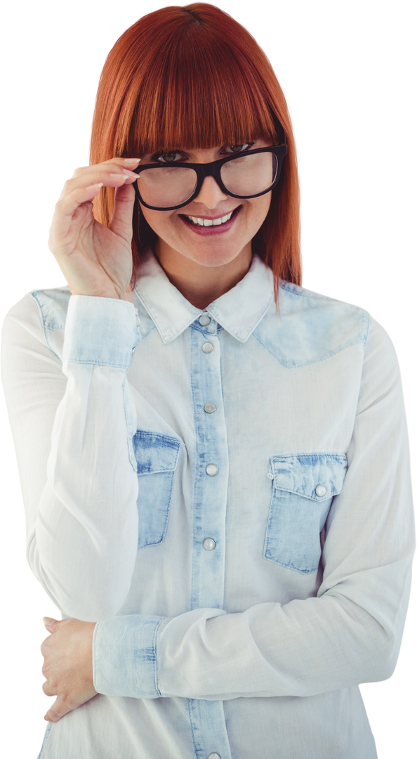 Transparent Hipster Woman with Glasses Smiling in Denim Shirt Against White Background - Download Free Stock Images Pikwizard.com